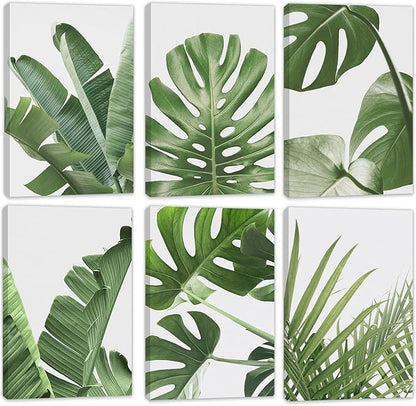 HoozGee Framed Botanical Wall Art Prints Built-in Wooden Frame Tropical Leaves Canvas Plant Leaf Boho Pictures Green Art Posters for Bedroom Living Room (12"x16" FRAMED)