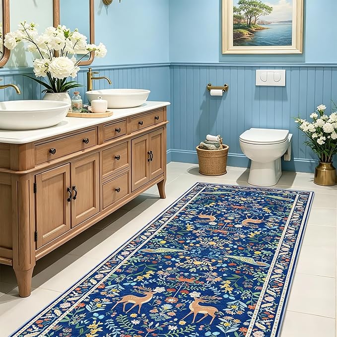 2x6 Blue Entryway Runner Rugs Washable Non Slip Runners for Hallway, Kitchen, Mudroom, Laundry Room, Stain Resistant Ultra Soft Non Skid, Nature Floral Design Indoor Decor