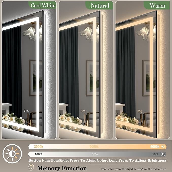 57x36 Framed LED Bathroom Mirrror for Wall, Dimmable LED Vanity Mirror with Lights, Backlit and Front Lighted, Anti-Fog, Shatterproof, Memory (Horizontal/Vertical)
