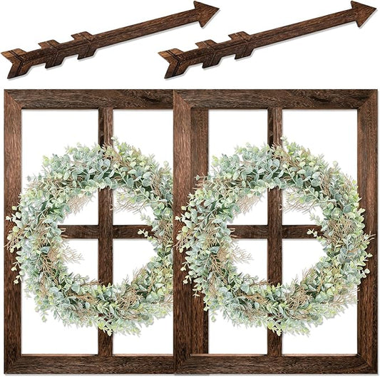 WAKOSAN Rustic Wood Window Frame with Green Wreath and Arrows Wall Decor, Farmhouse Wooden Fake Window Decoration for Bedroom Living Room,Set of 2 (Large Brown)