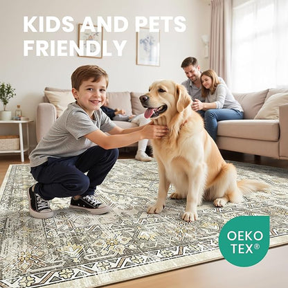 zesthome 8x10 Area Rugs for Living Room,Non-Slip Backing Washable Rugs,Vintage Large Area Rug，Stain Resistant Home Decor Rug (Beige/Brown,8'x10')
