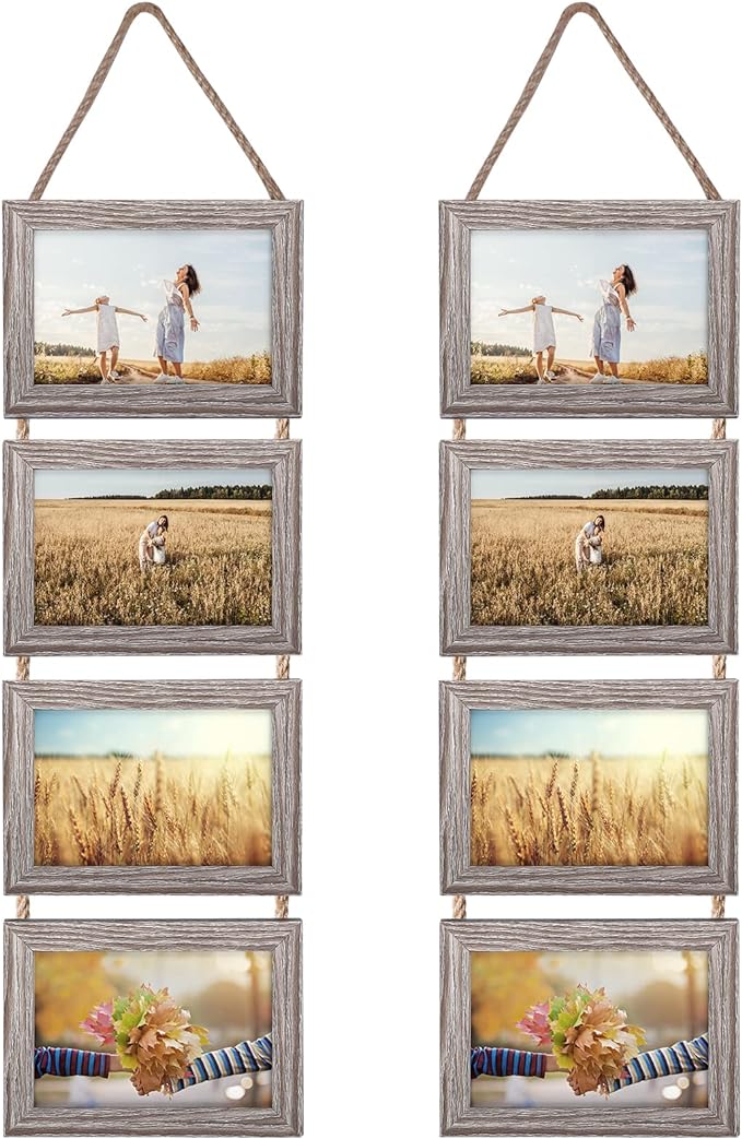 Lavezee 4x6 Hanging Collage Picture Frame Set, Rustic 8 Opening Horizontal Frames Display 4 by 6 Photos Prints for Wall Decor
