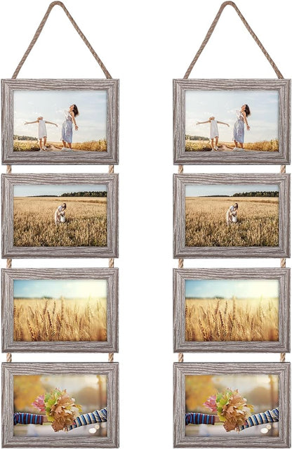 Lavezee 4x6 Hanging Collage Picture Frame Set, Rustic 8 Opening Horizontal Frames Display 4 by 6 Photos Prints for Wall Decor