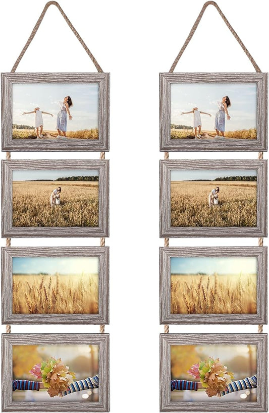 Lavezee 4x6 Hanging Collage Picture Frame Set, Rustic 8 Opening Horizontal Frames Display 4 by 6 Photos Prints for Wall Decor