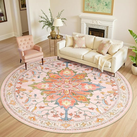RELEANY Area Rugs Round 8ft Washable Non-Slip, Floral Vintage Distress Print Pattern Medallion Carpet for Living Room Bedroom Dining Room, Light Pink Colorful
