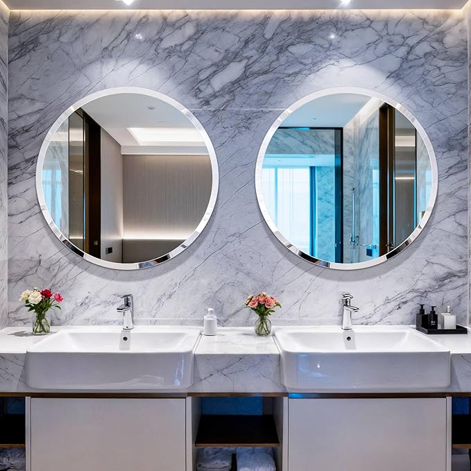 Frameless Round Wall Mirror: Decorative Mirrored Glass Vanity with Beveled Silver Edge for Bathroom Bedroom Livingroom Dining Room Entryway Hallway, 20 x 20 inch