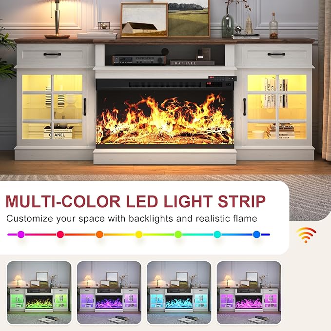 80" TV Stand with 36" Electric Fireplace, Entertainment Center Console Table for TV up to 90'', Fireplace TV Stand with Open Storage Shelves and Glass Door for Living Room, White