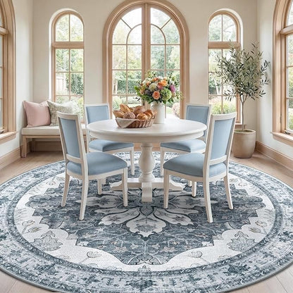 RELEANY Area Rugs Round 8ft Washable Non-Slip, Floral Vintage Distress Print Pattern Medallion Carpet for Living Room Bedroom Dining Room, Light Gray Grey White