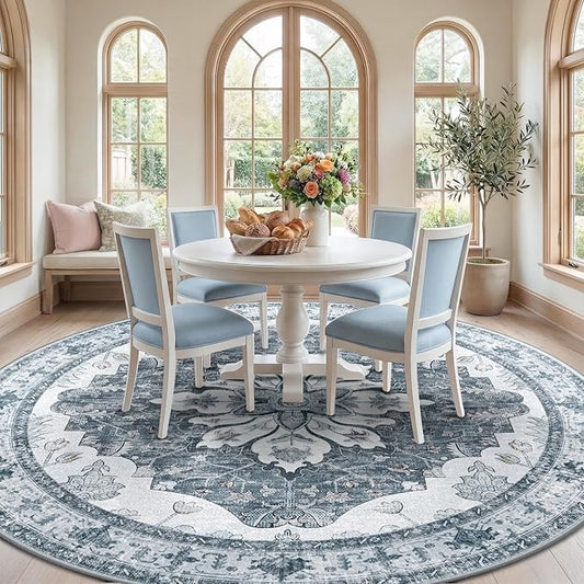 RELEANY Area Rugs Round 10ft Washable Non-Slip, Floral Vintage Distress Print Pattern Medallion Carpet for Living Room Bedroom Dining Room, Light Gray Grey White