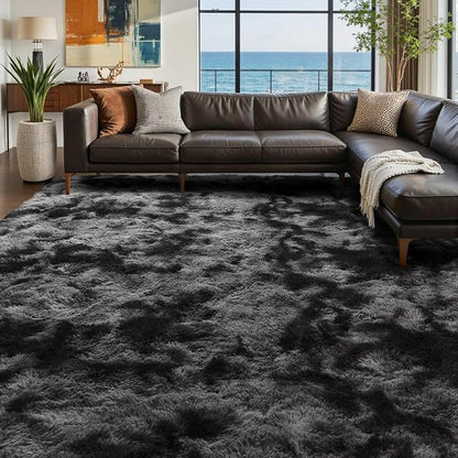 9x12 Ft Extra Large Shag Rugs for Living Room, Tie Dyed Ultra Soft Fluffy Furry Area Rugs for Bedroom Indoor Floor, Aesthetic Carpet for Kids Home Decor (Dark Grey)