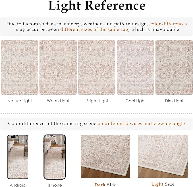 PureCozy Pink Area Rug 5x7 Machine Washable Vintage Living Room Distressed Non Slip Carpet Traditional Indoor Bedroom Retro Floral Accent Throw Large Rug Office Kitchen Bathroom Dining Room