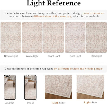 PureCozy Pink Area Rug 5x7 Machine Washable Vintage Living Room Distressed Non Slip Carpet Traditional Indoor Bedroom Retro Floral Accent Throw Large Rug Office Kitchen Bathroom Dining Room