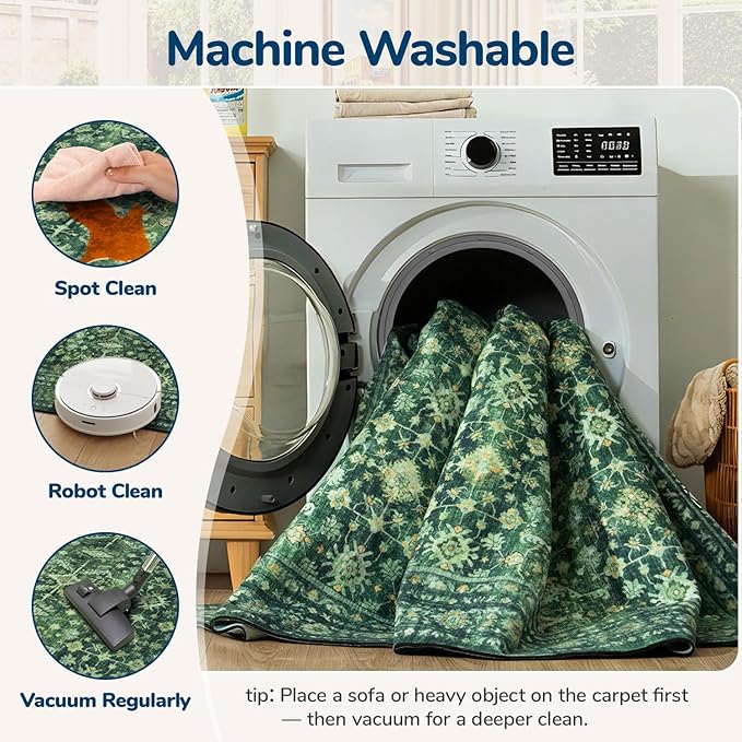 Lessymo Washable Area Rug for Living Room,8x10 Green Large Rugs with Non-Slip Backing,Soft Boho Carpets for Bedroom Dining Room Nursery Home Office