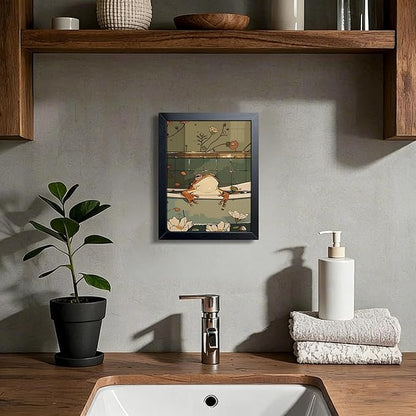 Funny Frog Bathroom Canvas Wall Art, Cute Japanese Frog in Toilet Wall Decor Painting, Whimsical Animal Restroom Canvas Prints Poster 8x10 Inch Framed