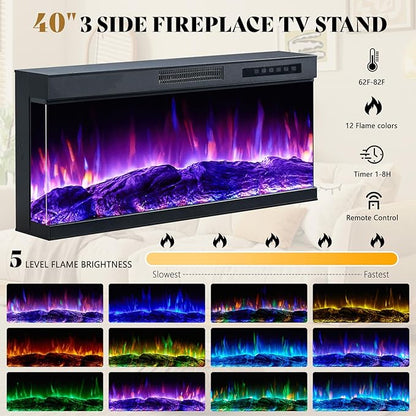 AMERLIFE 75in 3-Sided Glass Fireplace TV Stand for TVs up to 85", Rustic Fireplace Media Entertainment Center Console Cabinet Table with Glass Door Closed Storage, Wash Gray