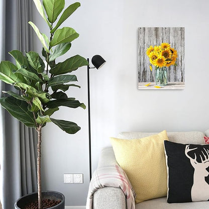 Canvas Sunflower Wall Art - Modern Yellow Flower Pictures for Bedroom, Bathroom, Office & Home Decor - Framed Artwork Size 12x16