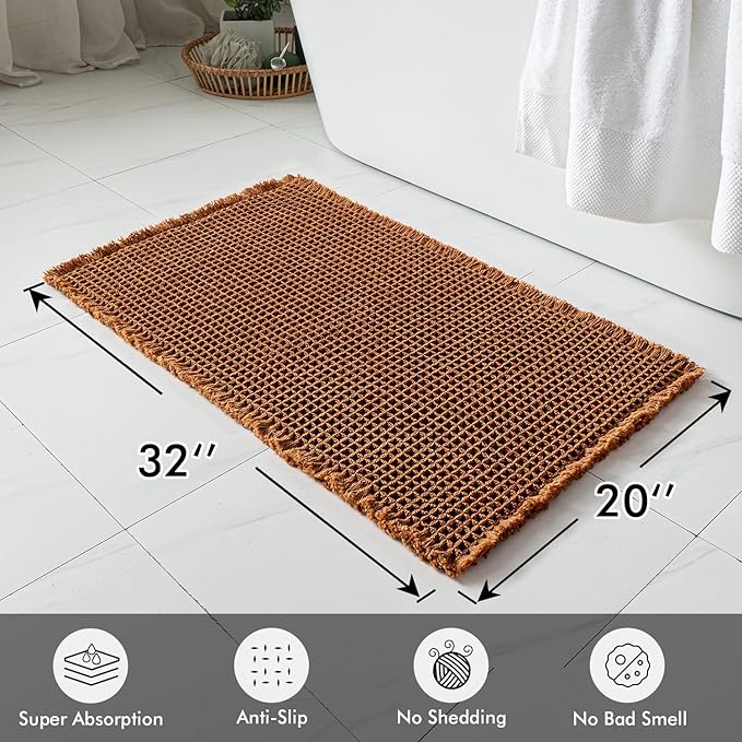 MIULEE Set of 2 Waffle Bathroom Rugs, Terracotta Boho Bath Rugs Non Slip Washable, Super Absorbent Bath Mats, Ultra Soft Rubber Backed Shower Mats for Bathroom Floor, Tub, Caramel, 20x32 Inch
