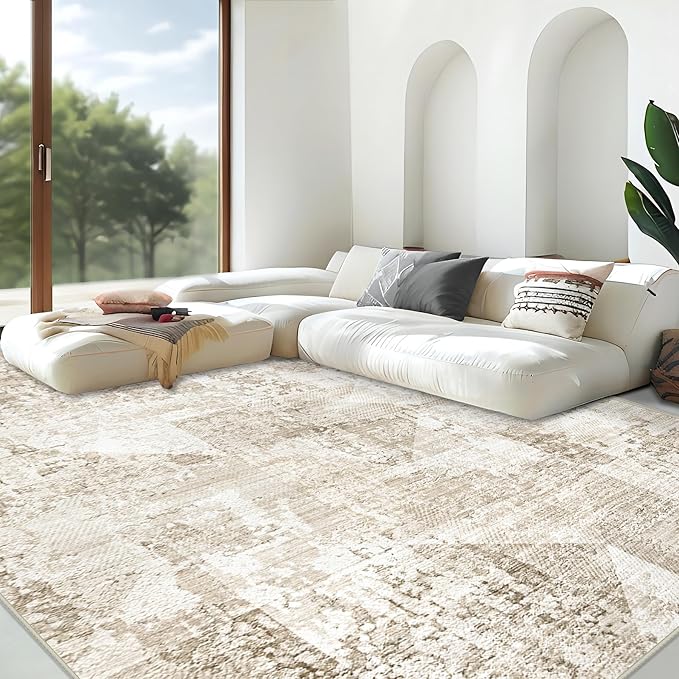 Area Rug for Living Room 9x12: Large Washable Boho Moroccan Rugs Geometric Neutral Rug, Non-Slip Foldable Morden Farmhouse Indoor Floor Carpet for Bedroom Dining Table Home(Neutral Beige, 9'X12')