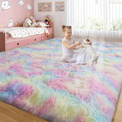 qulint 6x9 Colorful Rug for Bedroom, Large Fluffy Soft Living Room Area Rug, Fuzzy Plush Princess Rug for Girl Kids, Shaggy Modern Carpet for Dorm Nursery Classroom Home Decor (6ft x 9ft, Rainbow)