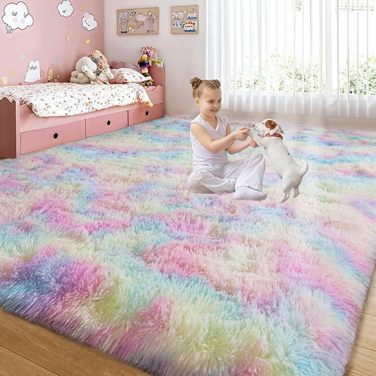 qulint 6x9 Colorful Rug for Bedroom, Large Fluffy Soft Living Room Area Rug, Fuzzy Plush Princess Rug for Girl Kids, Shaggy Modern Carpet for Dorm Nursery Classroom Home Decor (6ft x 9ft, Rainbow)