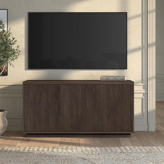 Henn&Hart Fluted TV Stand for TVs up to 55" with 3 Swing Out Ribbed Doors and Adjustable Shelves for Living Room, Family Room, or Office, Rich Brown