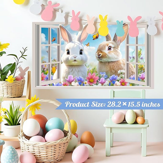 Easter Decoration Stickers for Wall Cute Bunny Vinyl Decals Peel and Stick 3D Fake Window Spring Wall Sticker Natural Landscape Walls Decal Flowers Rabbit Art Murals for Living Room Nusery Decor