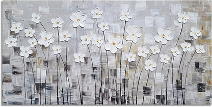 YHSKY ARTS Flower Picture Wall Decor with Heavy Textured Modern Grey and White 3D Paintings Contemporary Aesthetic Artwork for Living Room Bedroom Bathroom Decor