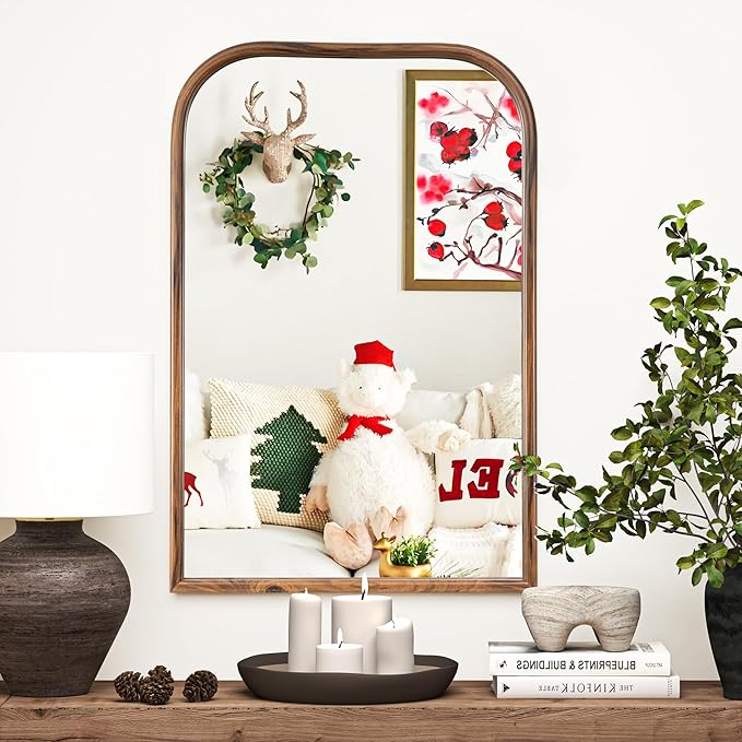 24"x36" Arch Wall Mirror Bathroom Mirror for Wall Mounted, Tempered Glass, Wood Grain Finish Frame Wall Mirror Decorative for Living Room Bedroom Entryway, Natural