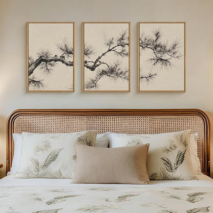 HPNIUB Vintage Sketch Pine Tree Framed Canvas Wall Art Set, Brown Antique Tree Branch Wall Decor, Nature Botanical Art Print, Modern Landscape Pictures for Living Room, Bedroom, Office-24''x36''x3