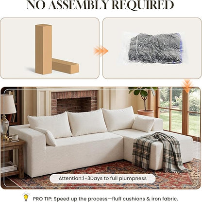 106" Cloud Sectional Boneless Couches for Living Room, Modular L Shaped Couch with Deep Seat Oversized Right Facing Chaise, Memory Foam Compressed Spineless 3 Seater Sofa for Apartment, Beige