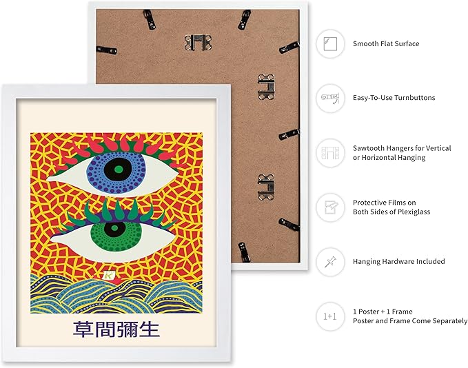 Poster Master Vintage Poster - Retro Pop Art Print - Gift for Artist, Friend - Two Eyes, Japanese, Dots, Modern, Abstract - Wall Decor for Living Room, Office, 8x10 White Framed