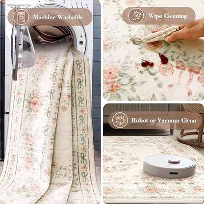 Wonnitar Floral Bow Print Washable 8x10 Rug, Beige Rugs for Living Room, Boho Non Slip Ultra-Thin Soft Neutral Carpet for Nursey Kids Room Dorm Living Room, Beige