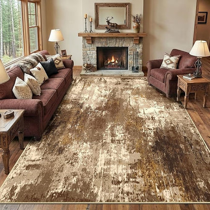 RELEANY Washable Area Rugs 9'x12' Non-Slip Modern Abstract Soft for Living Room Entryway Bedroom Nursery, Print Pattern, Brown Tan Beige Coffee
