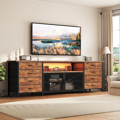 RALGEND 75/80/85 Inch TV Stand with Storage, TV Stands for Living Room, Long TV Stand with 8 Fabric Drawers, 71" Large Entertainment Center TV Console with Mesh Door, Rustic Brown