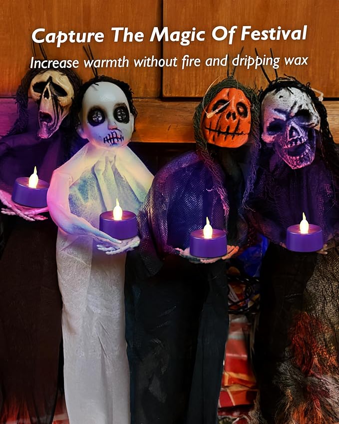 merrynights Purple LED Candles, 12 Pack Tea Lights Candles Battery Operated, Flameless Tealight Candle, Realistic Tea Lights for Halloween Christmas Party Decor Mardi Gras