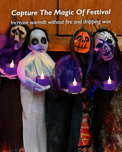 merrynights Purple LED Candles, 24 Pack Tea Lights Candles Battery Operated, Flameless Tealight Candle, Realistic Tea Lights for Halloween Christmas Party Decor Mardi Gras
