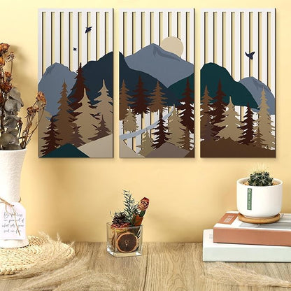 Suzile 3 Pcs Wall Sculptures Wooden Wall Decor Boho Geometric Line Hollow Wall Decor Mid Century Modern Decor Minimalist Geometric Art for Living Room Bathroom Bedroom Office Kitchen (Forest)