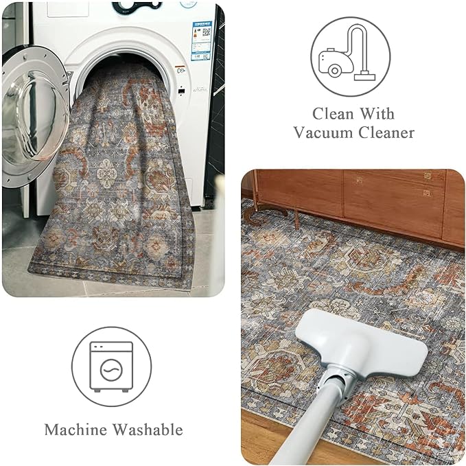 RUGSURE Washable Area Rugs - Perfect for Living Room, Bedroom, Kids Room, Nursery - Stain & Water Resistant Non-Slip, Pet & Child Friendly, Vintage Tribal Area Rugs (Turmeric and Grey, 9' x 12')