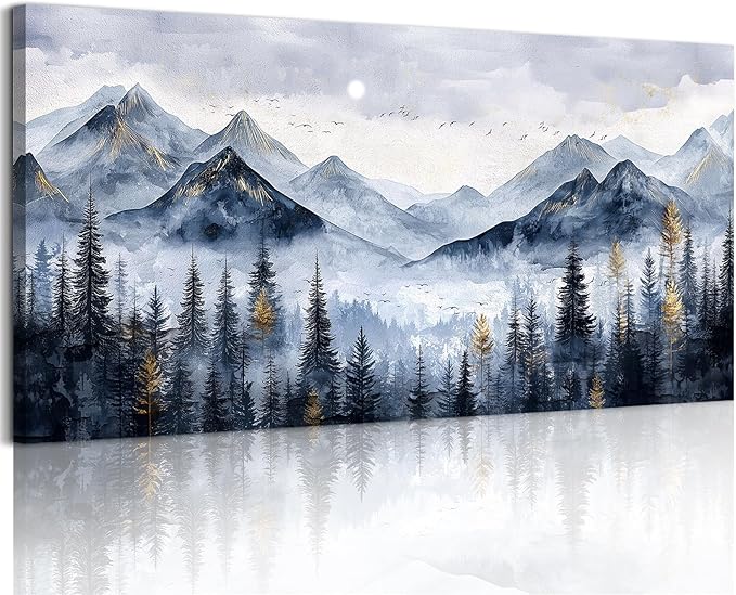 SERIMINO Mountain Landscape Large Wall Art, Misty Forest Canvas Prints, Blue Gold Watercolor Pine Tree Paintings Wall Decor Living Room Bedroom, Natural Scenery Office Decor Pictures 29"X57"