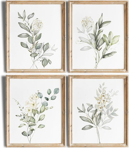 Botanical Watercolor Art Prints (Set of 4) - 8x10 (Unframed) | Boho Leaves and Flowers Wall Decor | Minimalist Floral Artwork for your Home, WFH Office, Kitchen, Dining Room, Bedroom, and Bathroom