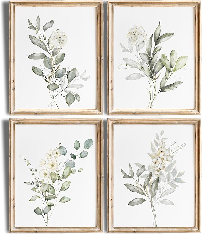 Botanical Watercolor Art Prints (Set of 4) - 11x14 (Unframed) | Boho Leaves and Flowers Wall Decor | Minimalist Floral Artwork for your Home, WFH Office, Kitchen, Dining Room, Bedroom, and Bathroom