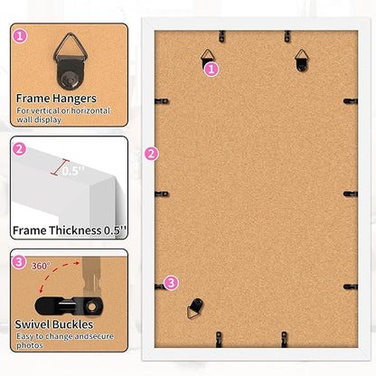 11x17 Picture Frame, Vertical or Horizontal Wall Hanging Frame for Photos, Posters & Art Prints, Display Pictures 9x15 with Mat or 11 x 17 Without, White Frame with Clear Plexiglass, 2 Pack