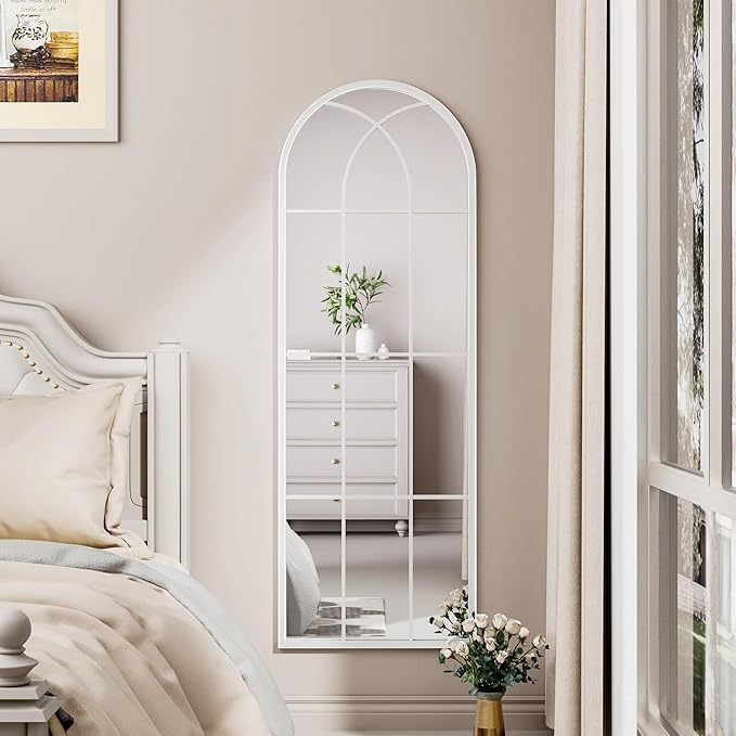 OGCAU Full Length Arched Floor Mirror, 65"x22" Window Pane Design, Decorative Hanging or Leaning, Full Body with Iron Frame for Bedroom Living Room (White)