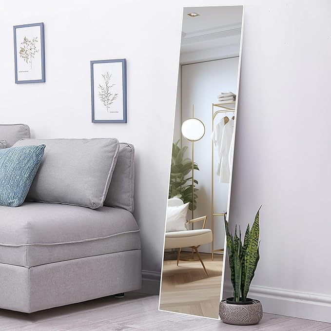 ANYHI Large Full Length Mirror, 65"x13.8" Door Mirror Full Length, 2 Hooks, Over The Door or Wall Monuted, Aluminum Frame, for Bedroom Bathroom Checkroom, White