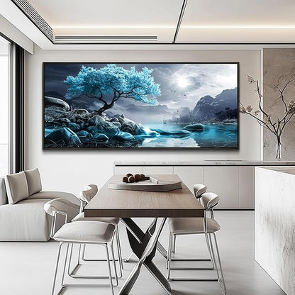 KELIYUAN Large Canvas Wall Decor Bedroom Blue Tree Landscape Wall Paintings Wall Art For Living Room Black And White Pictures Office Mural Framed Prints Artwork Modern Home Decor Aesthetics 32"X72"