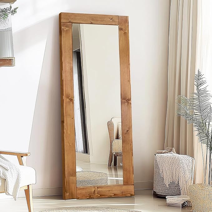 Full Length Mirror 65"x24" – Solid Wood Frame, HD Tempered Glass, Wall Mounted & Leaning, Rustic Modern Decor for Bedroom, Living Room, Entryway, Light Brown