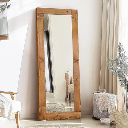 Full Length Mirror 65"x24" – Solid Wood Frame, HD Tempered Glass, Wall Mounted & Leaning, Rustic Modern Decor for Bedroom, Living Room, Entryway, Light Brown