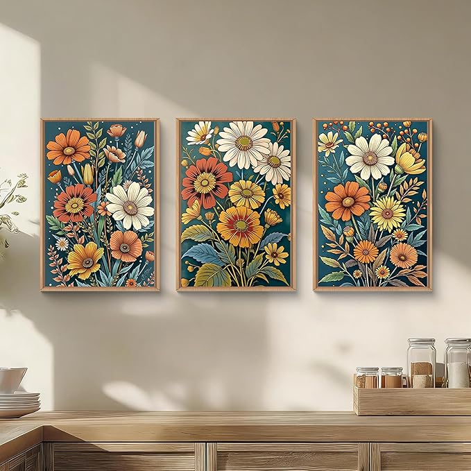 HOURIA Spring Boho Vintage Floral Framed Canvas Wall Art Set,Nordic Retro Colorful Wildflower & Green Leaves Wall Decor,Abstract Vibrant Bouquet Botanical Artwork for Living Room, Bedroom,Farmhouse-16"x24"x3
