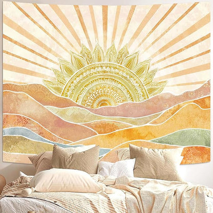 Leeisysme Boho Sun Tapestry, Abstract Retro 70s Mountain Wall Art, Vintage Sunrise Tapestries for Bedroom Living Room Dorm Decor, Gold Yellow 60x80 inches