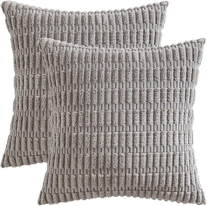 MIULEE Pack of 2 Corduroy Decorative Throw Pillow Covers 16x16 Inch Soft Boho Striped Pillow Covers Modern Farmhouse Home Decor for Sofa Living Room Couch Bed Light Grey